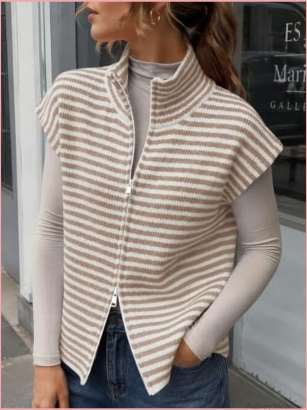 Womens Striped Zip Up Cardigan Mock Neck Cap Sleeve Sweater Vest Knit Top - Picture 4 of 6